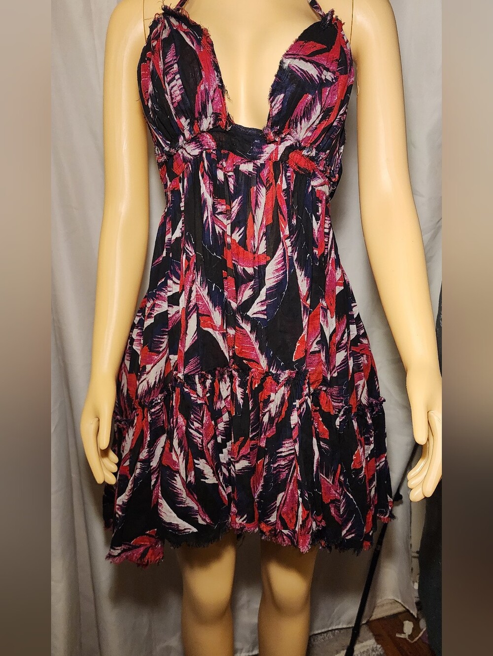 Free People Black Mini Dress with Pink & Red Feather Motif